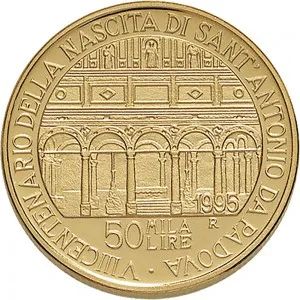Repubblica Italiana Lire 1946 2001 Repubblica Italiana Emissioni in oro confezionate 50.000 lire 1995 Basilica di SantAntonio 20 mm 7,4625 7,5375 g Au rovescio