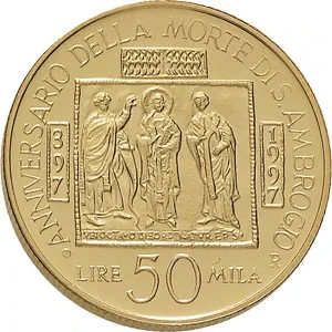 Repubblica Italiana Lire 1946 2001 Repubblica Italiana Emissioni in oro confezionate 50.000 lire 1997 Chiesa di Sant'Ambrogio 20 mm 7,4625 7,5375 g Au rovescio
