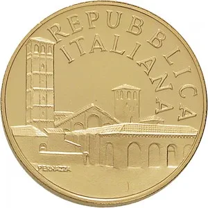 Repubblica Italiana Lire 1946 2001 Repubblica Italiana Emissioni in oro confezionate 50.000 lire 1997 Chiesa di Sant'Ambrogio 20 mm 7,4625 7,5375 g Au dritto