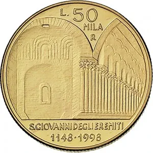 Repubblica Italiana Lire 1946 2001 Repubblica Italiana Emissioni in oro confezionate 50.000 lire 1998 Chiesa di San Giovanni degli Eremiti 20 mm 7,4625 7,5375 g Au rovescio