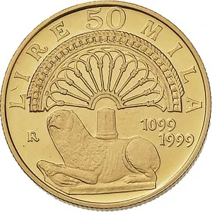 Repubblica Italiana Lire 1946 2001 Repubblica Italiana Emissioni in oro confezionate 50.000 lire 1999 Duomo di Modena 20 mm 7,4625 7,5375 g Au rovescio
