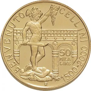 Repubblica Italiana Lire 1946 2001 Repubblica Italiana Emissioni in oro confezionate 50.000 lire 2000 Benvenuto Cellini 20 mm 7,4625 7,5375 g Au rovescio
