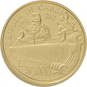 Repubblica Italiana Lire 1946 2001 Repubblica Italiana Emissioni in oro confezionate 50.000 lire 2001 Reggia di Caserta 20 mm 7,4625 7,5375 g Au rovescio