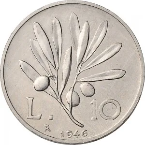 Repubblica Italiana Lire 1946 2001 Repubblica Italiana Monetazione del primo periodo fino al 1950 10 lire 1946 1950 Ramo di ulivo 29 mm 2,94 3,06 g It rovescio