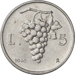 Repubblica Italiana Lire 1946 2001 Repubblica Italiana Monetazione del primo periodo fino al 1950 5 lire 1946 1950 Ramo di vite 26,7 mm 2,45 2,55 g It rovescio