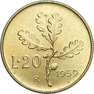 Repubblica Italiana Lire 1946 2001 Repubblica Italiana Monetazione del secondo periodo dal 1951 20 lire 1956 1959 Ramo di quercia 1 tipo 21,3 mm 3,528 3,672 g Ba rovescio