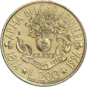 Repubblica Italiana Lire 1946 2001 Repubblica Italiana Monetazione del secondo periodo dal 1951 200 lire 1994 Fregio Arma dei carabinieri 24 mm 4,9 5,1 g Ba rovescio