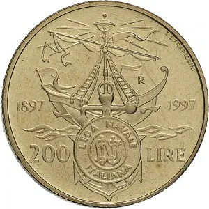 Repubblica Italiana Lire 1946 2001 Repubblica Italiana Monetazione del secondo periodo dal 1951 200 lire 1997 Stemma Lega navale italiana 24 mm 4,9 5,1 g Ba rovescio