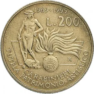 Repubblica Italiana Lire 1946 2001 Repubblica Italiana Monetazione del secondo periodo dal 1951 200 lire 1999 Carabinieri tutela patrimonio artistico 24 mm 4,9 5,1 g Ba rovescio