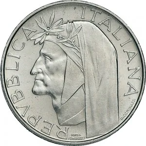 Repubblica Italiana Lire 1946 2001 Repubblica Italiana Monetazione del secondo periodo dal 1951 500 lire 1965 Dante Alighieri 29 mm 10,945 11,055 g Ag dritto