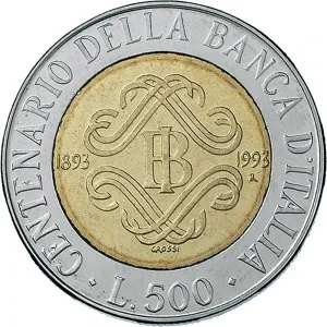Repubblica Italiana Lire 1946 2001 Repubblica Italiana Monetazione del secondo periodo dal 1951 500 lire 1993 Monogramma Banca d'Italia 25,8 mm 6,65 6,95 g Ac Ba rovescio
