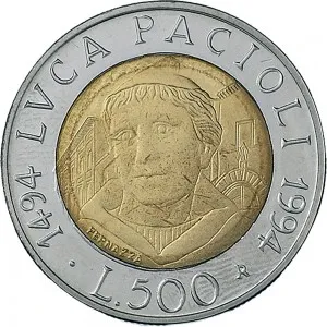 Repubblica Italiana Lire 1946 2001 Repubblica Italiana Monetazione del secondo periodo dal 1951 500 lire 1994 Luca Pacioli 25,8 mm 6,65 6,95 g Ac Ba rovescio