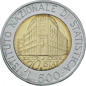 Repubblica Italiana Lire 1946 2001 Repubblica Italiana Monetazione del secondo periodo dal 1951 500 lire 1996 Palazzo ISTAT 25,8 mm 6,65 6,95 g Ac Ba rovescio