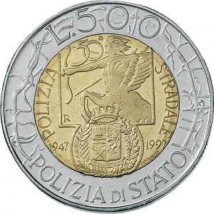 Repubblica Italiana Lire 1946 2001 Repubblica Italiana Monetazione del secondo periodo dal 1951 500 lire 1997 Polizia stradale 25,8 mm 6,65 6,95 g Ac Ba rovescio