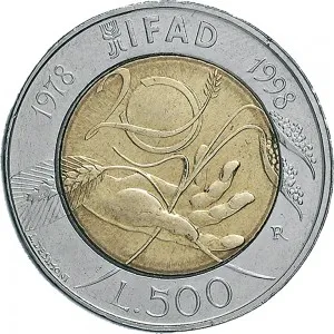 Repubblica Italiana Lire 1946 2001 Repubblica Italiana Monetazione del secondo periodo dal 1951 500 lire 1998 IFAD 25,8 mm 6,65 6,95 g Ac Ba rovescio