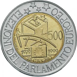 Repubblica Italiana Lire 1946 2001 Repubblica Italiana Monetazione del secondo periodo dal 1951 500 lire 1999 Elezioni Parlamento europeo 25,8 mm 6,65 6,95 g Ac Ba rovescio