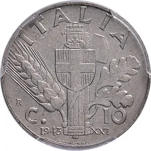 Repubblica Sociale Italiana 1943 1945 Repubblica Sociale Italiana 10 Centesimi 1943 Anno XXI Scudo semirotondo 19,4 19,8 mm 2,63 2,92 g Ac rovescio
