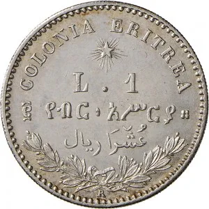 Umberto I di Savoia 1878 1900 Colonia Eritrea 2 10 di tallero da 1 lira 1890 1896 Valore su due rami di alloro 23 mm 4,950 5,025 g Ag rovescio