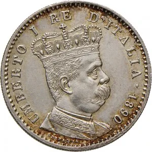 Umberto I di Savoia 1878 1900 Colonia Eritrea 2 10 di tallero da 1 lira 1890 1896 Valore su due rami di alloro 23 mm 4,950 5,025 g Ag dritto
