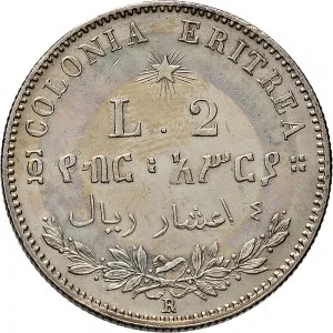 Umberto I di Savoia 1878 1900 Colonia Eritrea 4 10 di tallero da 2 lire 1890 1896 Valore su due rami di alloro 27 mm 9,90 10,05 g Ag rovescio