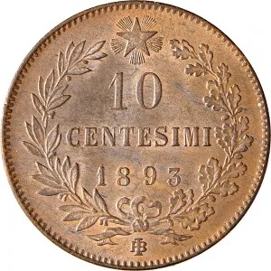 Umberto I di Savoia 1878 1900 Regno d'Italia 10 Centesimi 1893 Valore entro semicorona di alloro e quercia 1 tipo 30 mm 9,81 10,00 g rovescio
