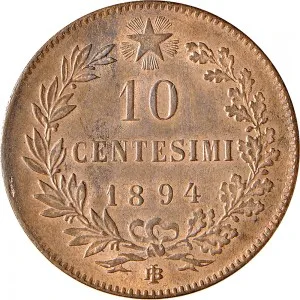 Umberto I di Savoia 1878 1900 Regno d'Italia 10 Centesimi 1894 Valore entro semicorona di alloro e quercia 2 tipo 30 mm 9,93 10,00 g rovescio