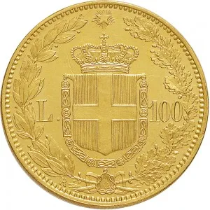 Umberto I di Savoia 1878 1900 Regno d'Italia 100 lire 1880 1883 Scudo sannitico 1 tipo 35 mm 32,15 32,25 g Au rovescio