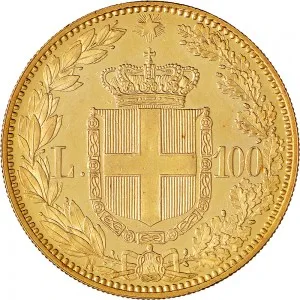 Umberto I di Savoia 1878 1900 Regno d'Italia 100 lire 1888 1891 Scudo sannitico 2 tipo 35 mm 32,15 32,25 g Au rovescio