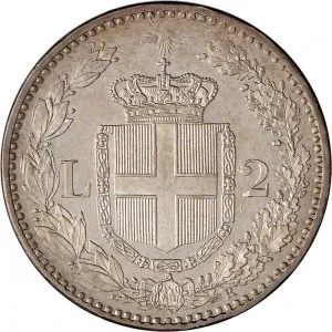 Umberto I di Savoia 1878 1900 Regno d'Italia 2 lire 1881 1886 Scudo sannitico 1 tipo 27 mm 9,94 10,02 g Ag rovescio