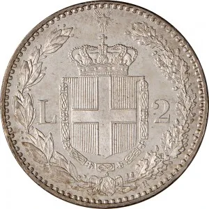 Umberto I di Savoia 1878 1900 Regno d'Italia 2 lire 1887 1899 Scudo sannitico 2 tipo 27 mm 9,95 10,00 g Ag rovescio