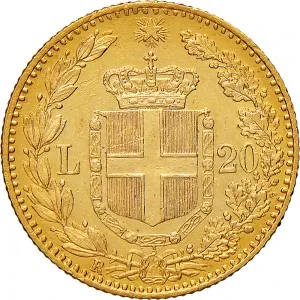 Umberto I di Savoia 1878 1900 Regno d'Italia 20 lire 1879 1897 Scudo sannitico 21 mm 6,43 6,45 g Au rovescio