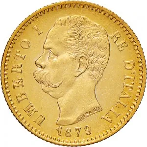 Umberto I di Savoia 1878 1900 Regno d'Italia 20 lire 1879 1897 Scudo sannitico 21 mm 6,43 6,45 g Au dritto