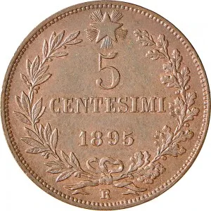 Umberto I di Savoia 1878 1900 Regno d'Italia 5 centesimi 1895 1896 Valore entro semicorona di alloro e quercia 25 mm 4,75 5,00 g rovescio