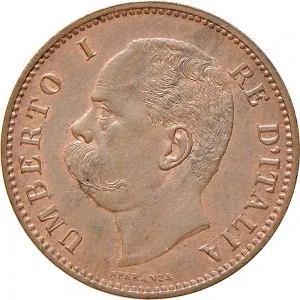 Umberto I di Savoia 1878 1900 Regno d'Italia 5 centesimi 1895 1896 Valore entro semicorona di alloro e quercia 25 mm 4,75 5,00 g dritto