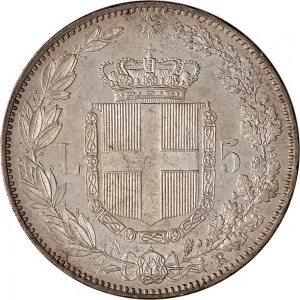 Umberto I di Savoia 1878 1900 Regno d'Italia 5 lire 1878 Scudo sannitico 1 tipo 37 mm 24,94 25,00 g Ag rovescio