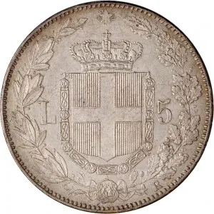 Umberto I di Savoia 1878 1900 Regno d'Italia 5 lire 1879 Scudo sannitico 2 tipo 37 mm 24,95 25,00 g Ag rovescio