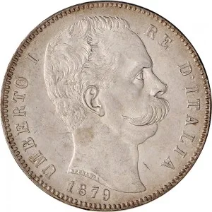 Umberto I di Savoia 1878 1900 Regno d'Italia 5 lire 1879 Scudo sannitico 2 tipo 37 mm 24,95 25,00 g Ag dritto