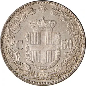 Umberto I di Savoia 1878 1900 Regno d'Italia 50 centesimi 1889 1892 Scudo sannitico 18 mm 2,47 2,50 g Ag rovescio