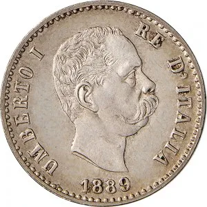 Umberto I di Savoia 1878 1900 Regno d'Italia 50 centesimi 1889 1892 Scudo sannitico 18 mm 2,47 2,50 g Ag dritto