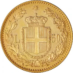 Umberto I di Savoia 1878 1900 Regno d'Italia 50 lire 1884 1891 Scudo sannitico 28 mm 16,11 16,13 g Au rovescio