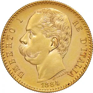 Umberto I di Savoia 1878 1900 Regno d'Italia 50 lire 1884 1891 Scudo sannitico 28 mm 16,11 16,13 g Au dritto
