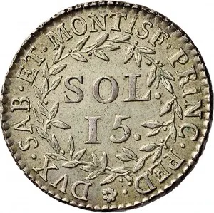 Vittorio Amedeo III di Savoia 1773 1796 Regno di Sardegna 15 soldi 1794 Valore entro corona di alloro 22 23 mm 4,54 4,96 g Mi rovescio