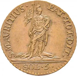 Vittorio Amedeo III di Savoia 1773 1796 Regno di Sardegna 5 soldi 1794 1796 San Maurizio 24 25 mm 4,15 5,35 g Cu rovescio