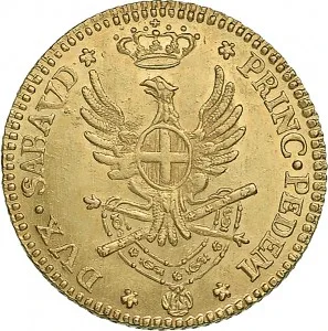 Vittorio Amedeo III di Savoia 1773 1796 Regno di Sardegna Doppia da 4 scudi 1786 1796 Aquila spiegata 2 tipo 25 26 mm 8,94 9,12 g Au rovescio