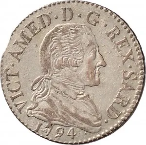 Vittorio Amedeo III di Savoia 1773 1796 Regno di Sardegna Lira da 20 soldi 1794 1796 Scudo a cartoccio 26 27 mm 4,92 5,85 g Mi dritto