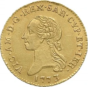 Vittorio Amedeo III di Savoia 1773 1796 Regno di Sardegna Mezza doppia da 2 scudi 1773 1784 Scudo rotondo 1 tipo 23 mm 4,73 5,00 g Au dritto