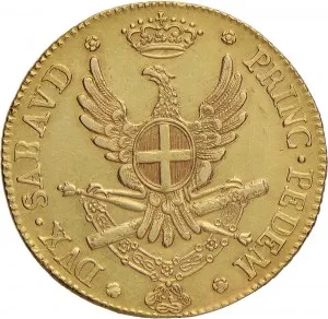 Vittorio Amedeo III di Savoia 1773 1796 Regno di Sardegna Mezzo carlino da 2,5 doppie 1786 Aquila spiegata 34 mm 22,76 22,83 g Au rovescio
