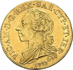 Vittorio Amedeo III di Savoia 1773 1796 Regno di Sardegna Monetazione per la Sardegna Carlino da 5 doppiette 1773 1774 Scudo ovale a cartoccio 31 32 mm 15,74 16,05 g Au dritto