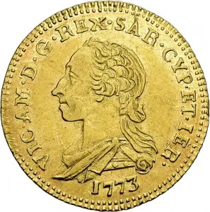 Vittorio Amedeo III di Savoia 1773 1796 Regno di Sardegna Monetazione per la Sardegna Doppietta da 10 reali 1773 1787 Scudo ovale a cartoccio 21 22 mm 2,21 3,19 g Au dritto