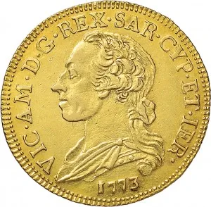 Vittorio Amedeo III di Savoia 1773 1796 Regno di Sardegna Monetazione per la Sardegna Mezzo carlino da 2,5 doppiette 1773 1774 Scudo ovale a cartoccio 26 27 mm 7,93 8,01 g Au dritto